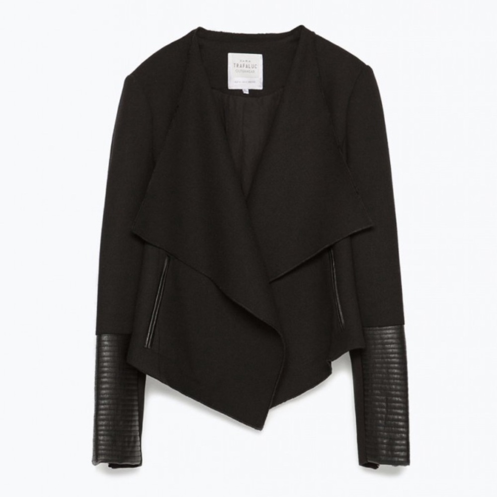 Zara Trafaluc Black Blazer with Faux Leather Moto Sleeves